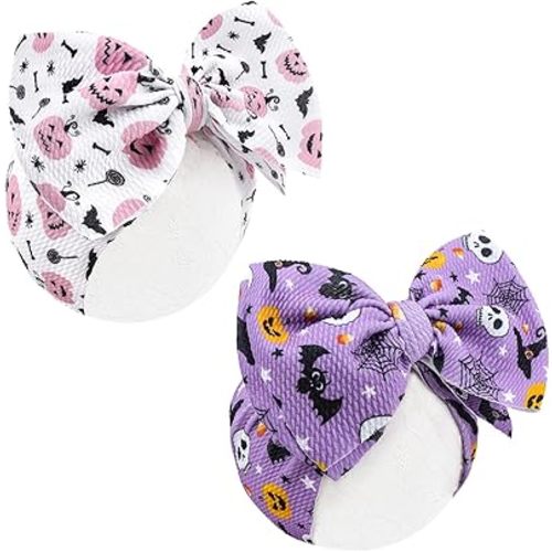 Halloween Baby Girl Bows 7 Inchs Baby Girl Bows Toddler Nylon Headbands Newborn Headband Bows Hair Accessories 2 PCS, 1-Purple,Pink