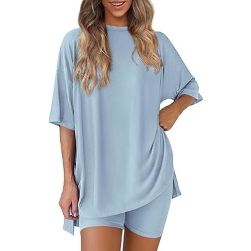 PRETTYGARDEN Women's Two Piece Lounge Set 2025 Summer Casual Oversized Shirts Biker Shorts Matching Airport Travel Outfit
