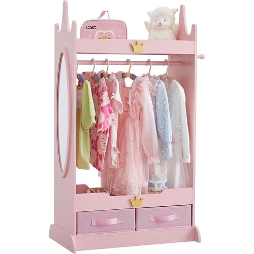Kids Dress Up Storage with Mirror, Kids Armoire with Non-Woven Drawers, Open Costume Closet with Hanging Rack for Toddlers (Pink)