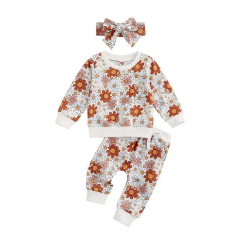 Lieserram Baby Girl Fall Winter Clothes Set, 3 6 12 18 24 Months Long Sleeve Flower Print Pullover + Elastic Waist Trousers + Headband