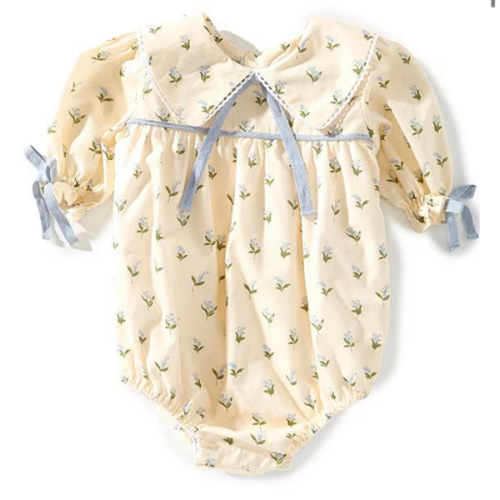 Edgehill Collection x Megan Karp Baby Girls Belle Floral Bow Detail Peter Pan Collar Long Sleeve Bubble Romper