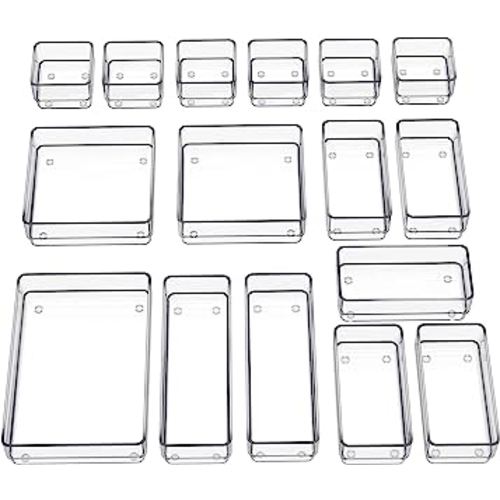 SMARTAKE 16-Piece Drawer Organizer with Non-Slip Silicone Pads, 5-Size Desk Storage Tray for Makeup, Jewelries, Utensils in Bedroom Dresser, Office and Kitchen, Clear