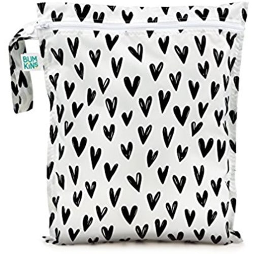 Bumkins Waterproof Wet Bag, Washable, Reusable for Travel, Beach, Pool, Stroller, Diapers, Dirty Gym Clothes, Wet Swimsuits, Toiletries, 12x14 – Black Hearts