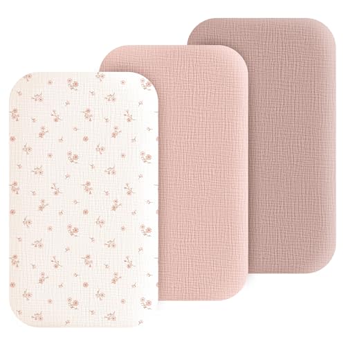 Coreeky Muslin Bedside Sleeper Bassinet Fitted Sheets, 3 Pack Cotton Baby Sheet for Boys & Girls, Soft, Compatible with Baby Delight, Dream On Me, AMKE and Other Rectangle Mattress (Daisy Petal)