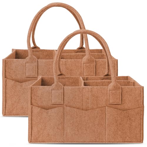 Cute Castle 2 Pack Diaper Caddy Organizer - Portable Baby Caddy Organizer with Handle, Nursery Storage Bin and Car Organizer for Girls, Boys - Baby Gift Basket - Caramel