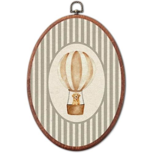 Vintage Golden Retriever Nursery Oval Wall Art, Balloon Canvas Print Framed