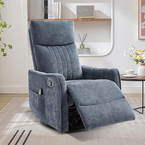 Swivel Rocker Recliner Chair, 360° Swivel Recliner with Heat and Massage, Rocker Recliner Nursery Glider Chair with Side Pockets for Living Room (Dark Blue, Fabric)