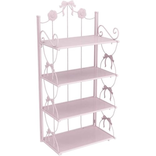 BOOMALTU Cute 4-Tier Folding Metal Shelving Bathroom Shelf,Pink Shelves Pink Bookshelf with Bow and Flowers Decor for Storage and Display in Living Room, Bathroom, Office, Kitchen