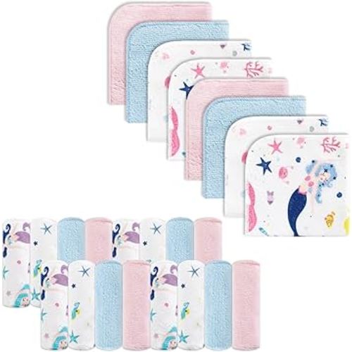 Baby Washcloths, 24Pack Baby Wash Cloths Extra Soft & Ultra Absorbent, Baby Towels and Washcloths Face Towels for Unisex Boys Girls Body, Washclothes Gentle on Sensitive Skin, 9x9 Mermaid