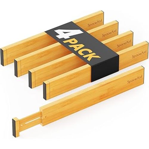SpaceAid 4 Pack Bamboo Drawer Dividers with Labels, Kitchen Adjustable Drawer Organizers, Expandable Organization for Home Clothes Dressers (17-22 in, Natural)