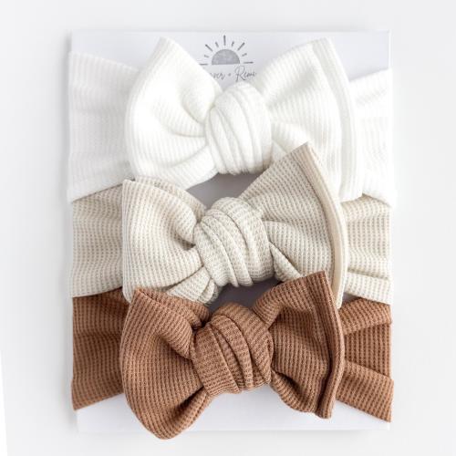 Neutral Waffle Baby Headbands – Oversized Bows for Newborn & Baby Girls (White, Beige, Brown)