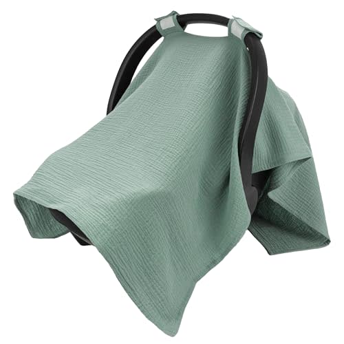 SERAPHY 100% Muslin Cotton Car Seat Cover Baby, Universal Carseat Covers, Breathable Baby Car Seat Canopy for Boys Girls, Soft Infant Car Seat Cover for Summer —Green