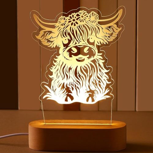 Dreyoo Highland Cow Night LED Light Acrylic Cute Nursery Night Lamp Bedside Lamp Decor Funny Gifts for Girls Boys Teens