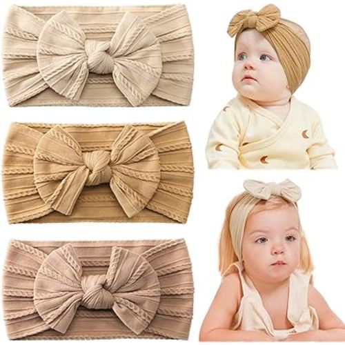 jollybows Baby Girl Headband Bows Nylon Head Wraps Newborn Hairbands Infant Toddler Hair Bow (2- Khaki Ginger Beige)