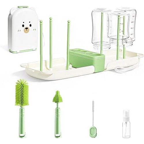 LEQXGO Travel Baby Bottle Cleaner Kit with Storage Case, 7-in-1 Baby Bottle Brush Set with Drying Rack for Breast Pump Parts, Bottle Washing Kit - Baby Travel Essential for Flying & On-the-Go (Green)