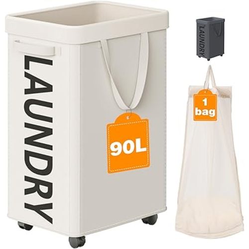 Laundry Basket with Wheels, 90L Rolling Laundry Hamper with Wheels, Large Clothes Hamper on Wheel with Removable Mesh Bag for Bedroom, Bathroom, Dorm, White