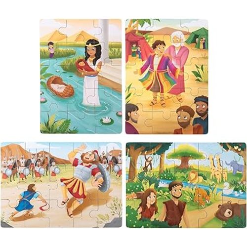 Bible Puzzles for Kids | 4-in-1 Wooden Jigsaw Puzzles in Box (15 pcs Each) | Christian Bible Religious Gifts for Kids | Easter Gifts for Kids (Old Testament B) | Adam & Eve | Moses