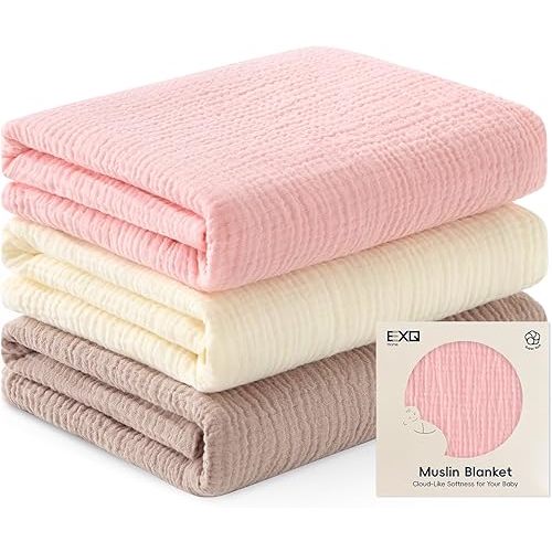 EXQ Home Muslin Swaddle Blankets for Baby, 3 Pack Cotton Breathable Soft Receiving Blankets for Newborn Boys and Girls, Baby Essentials & Gift, 38x40 inches(Pink)