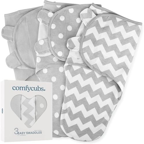 Comfy Cubs Easy Swaddle Blanket, 3 Pack - 100% Cotton Newborn Wrap, Small for 0-3 Months Infants, with Adjustable Velcro, Breathable and Durable Sleep Sack for Babies - Grey