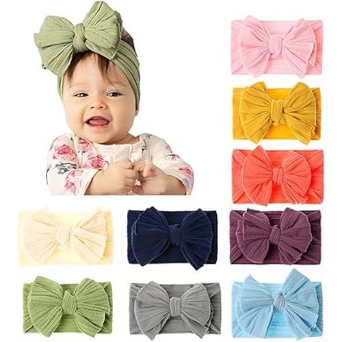 JIAHANG Baby Big Hair Bow Head Wrap, Turban Knotted Knitted Headbands, Soft Silk Stretchy Hair Bands 9PCS for Newborn Infant Toddlers