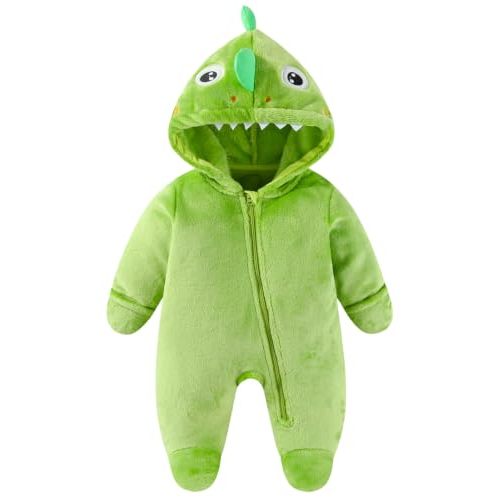 JiAmy Baby Snowsuit, Animal Hooded Fleece Jumpsuit, 0-12 Months | Fold-over mittens lightweight short fleece animal hood front zipper footed for newborn infant fall winter