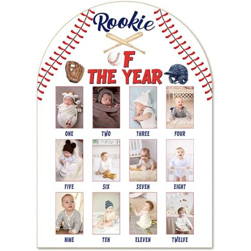 Baseball My First Year Photo Board, Rookie of The Year Baby 12 Months Milestone Board (2 x 3" Photo), My First Year Picture Frame, Nursery Decor for Wall Desk, Baby Keepsake Gift for Girl Boy -05