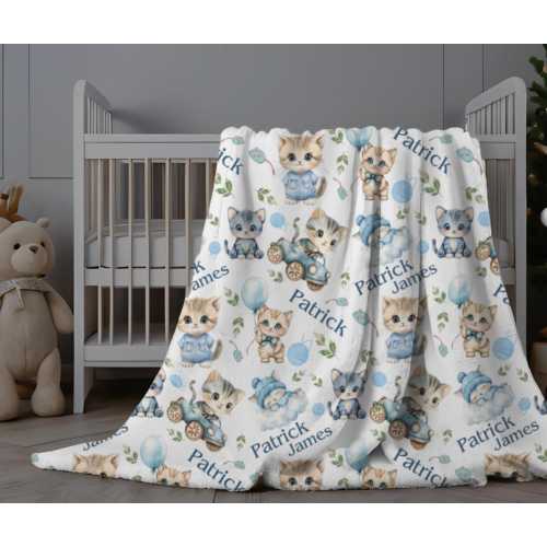 Cat Blanket Baby Boy, Personalized Infant Boy Swaddle, Kitten Baby Blanket, Custom Name Blanket, Whimsical Pet Nursery Decor