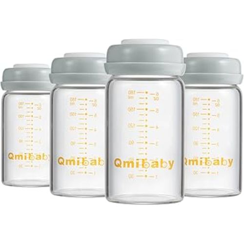 Glass Breastmilk Storage Bottles 180ml 6oz BPA-Free Leak-Proof Natural Baby Bottle for Breastmilk Storage Wide Neck Bottles with Screw Ring Sealing Disk Breastfeeding (Grey, 180ml-4Packs)
