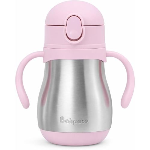 Bakpoco Stainless Steel Sippy Straw Cup for Toddlers 1-3 Years Old, Insulated Toddler Water Bottle Baby Training Tumbler with Handles, 8oz Kids Straw Cups for Travel, Daycare & At Home, Pink