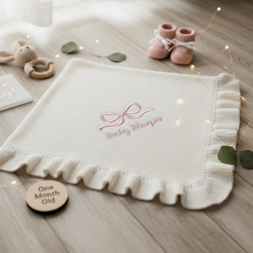 Personalized Baby Name Blanket with Bow, Embroidered Ruffle Cotton Blanket, Soft Newborn Blanket, Baby Shower Gift, First Birthday Gift