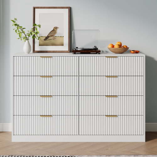 YouTrend White 8 Drawer Dresser with for Bedroom,Modern Adult Fluted Wood Chest of Drawer with Golden Embedded Handles for Living Room,Hallway