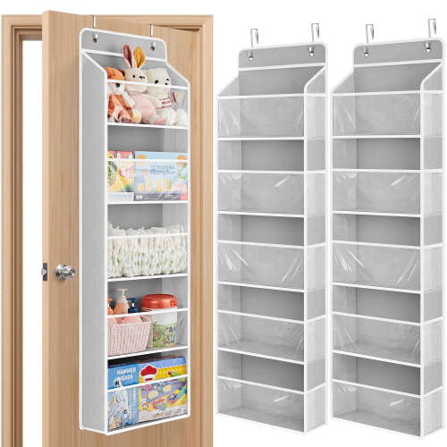 JARLINK 2 Pack Toy Stuffed Animal Storage, Over The Door Organizer W/Clear View Windows, 44lb Load, Baby Toy Storage Organizer for Nursery, Kid Bedroom, Newborn Baby Essentials (Gray)