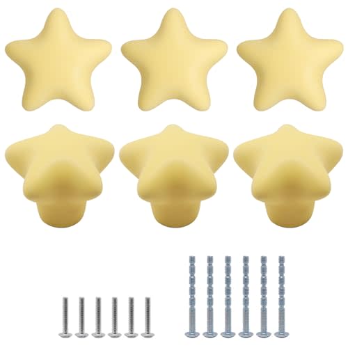 6pcs Ceramic Cabinet Knobs, Star Shape Pink Drawer Knobs, Unique Cute Pink Drawer Pulls Handles Nursery Dresser Knob for Kitchen Room Cupboard Closet Vanity Decorative (Yellow Star)