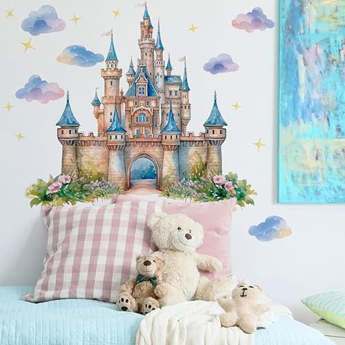 Runtoo Princess Castle Wall Decal Peel and Stick Large Colorful Cloud Fairy Wall Art Stickers for Girls Bedroom Kids Room Baby Nursery