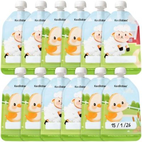 KeaBabies 12-Pack Prep Baby Food Pouch Reusable for Apple Sauce, Breastmilk, 5oz Puree Pouches for Toddlers, Kids, Baby First Food (Lil Barn)