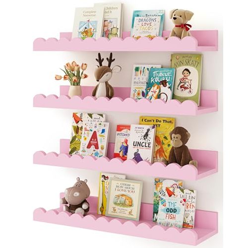 Shario Nursery Book Shelves, 4-Pack White Floating Shelves for Wall Kids, Scalloped Shelves, Wall Book Shelves for Bedroom Kids, Toddler Room, Baby Room, Nursery Decor(Pink, 16.5 Inches)