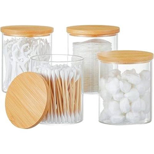 INIUNIK 4 Pack Glass Qtip Holder Dispenser Glass Apothecary Jars with Lids Cotton Ball Swab Pad Holder Bathroom Essential Canisters Accessories Jars for Bathroom Organization Vanity Organizers