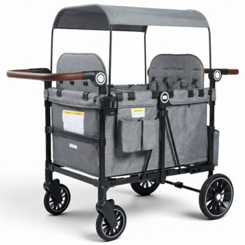 Kinder King All-Terrain Stroller Wagon for 4 Kids with Canopy, Shock-Absorbing Wheels, Snack Tray, Storage Bag & Adjustable Handle, Gray