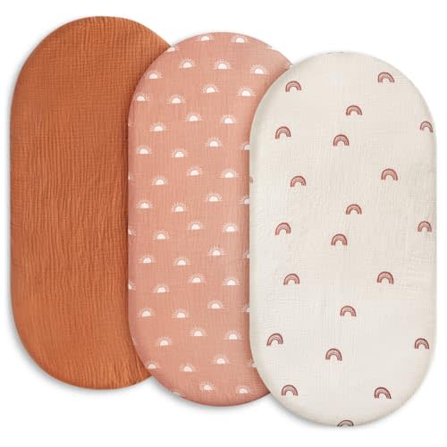 Gllquen Baby Muslin Bassinet Sheets 3 Pack, Breathable Elastic Cozy Fitted Cotton Bassinet Mattress Sheet for Baby Boy Girls, Fit for Hourglass Oval Rectangular Cradle Pad Sheets 33"x17"(Rainbow)