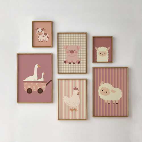 Farm Animal Prints, Nursery Wall Art, Dusty Pink Cottagecore Decor (Digital Download)