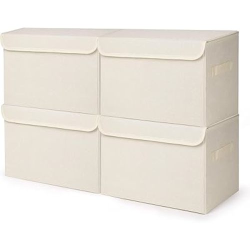 Large 22 Quart [4-Pack] Linen Fabric Foldable Storage Bin Cube Organizer Basket with Flip-Top Lid & Handles, Clothes Blanket Box for Home, Office, Closet (14.6 x 9.5 x 9.5, Beige)