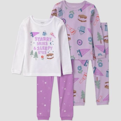 Toddler Girls' 4pc Long Sleeve Camping Cotton Pajama Set - White/Purple 4T
