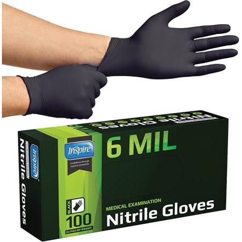 Inspire Black Nitrile Gloves HEAVY DUTY 6 Mil Nitrile Chemical Resistant Medical Cooking Cleaning Disposable Black Gloves