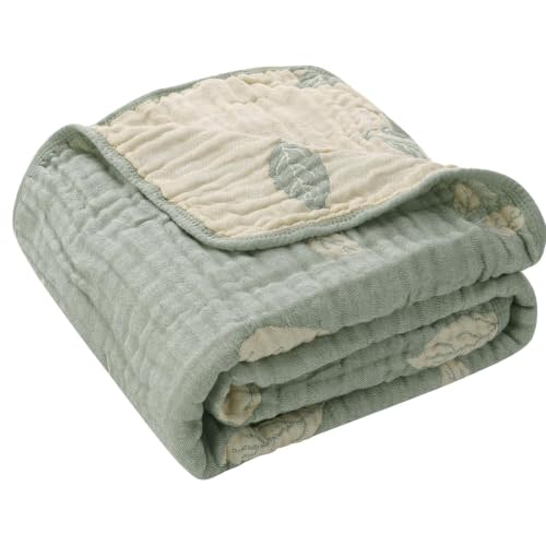 Botanical Muslin Baby Blanket, Organic Cotton Blend (Sage Leaf) | 43x43 Inches, Reversible 6-Layer Weave, Lightweight Swaddle, Gender Neutral Nursery, Baby Registry Gift, Curated Gift Box