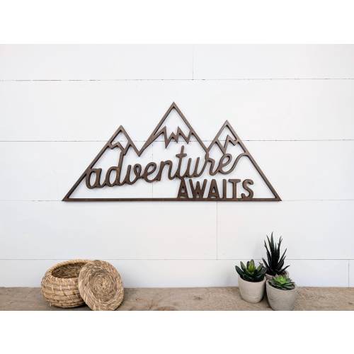 Adventure Awaits Mountain Wood Sign, Woodland Nursery Decor