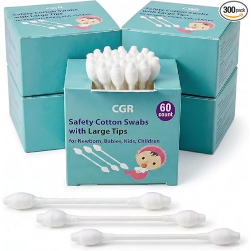 300pcs CGR Baby Safety Cotton Swabs with Large Tips for Newborn, Babies, Kids, Children, 100% Organic Cotton, White Paper Sticks, 5 Pack of 60 Swabs Total(5 Paper Boxes)