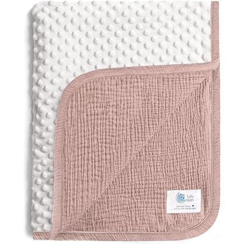 lulumoon Muslin Baby Blanket for Girls: Minky Dot Backing Thermal - Newborn Blanket for Baby Shower & Registry Gift 30"x40"(Sand)