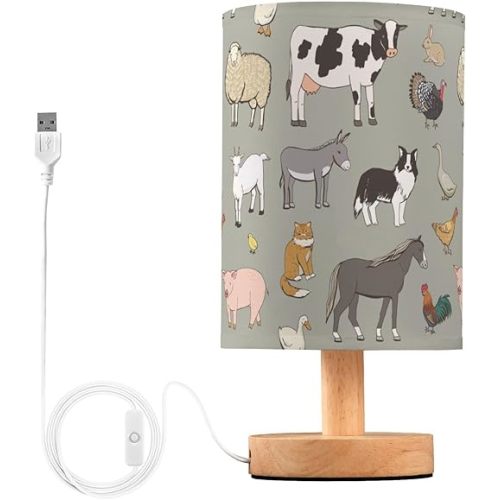 Bedside Table Lamp Farm Animals Nightstand Lamp with Wood Cows Sheep Pig Fox Chicken Duck Dog Rabbit Desk Lamps for Bedroom Living Room Nursery Office Home Decor