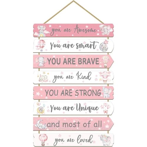 Girls Room Decor Elephant Wall Art Inspirational Wood Sign for Kids Bedroom Nursery Toddler Pink Decorations, 8 Pieces, 11.4"x2"