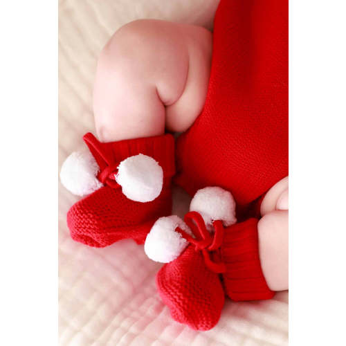 Knit Pom Pom Baby Booties in Red | Caden Lane